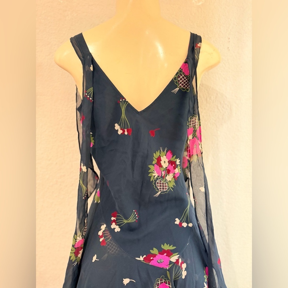 celia birtwell for Express Teal Floral Tiered Maxi Dress 100% silk lining Sz 6 - Picture 11 of 14